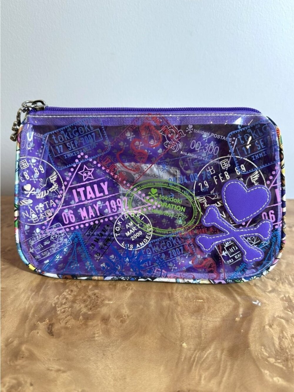 Tokidoki Trasporto Travel Print Purple PVC Cosmetic Makeup Bag Train Case Pouch